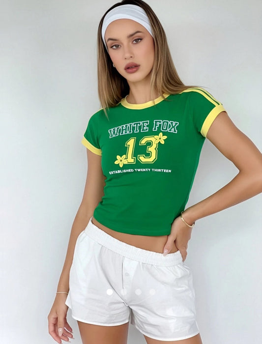Number Print Ribbon Pullover T-Shirt // Green