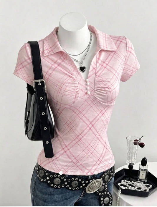 Gathered Half Placket T-Shirt // Pink