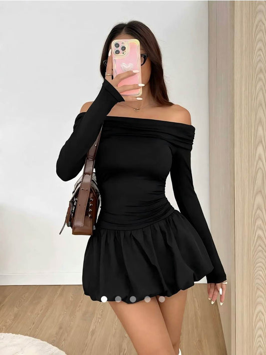 Off-Shoulder Mini Bubble Dress // Black