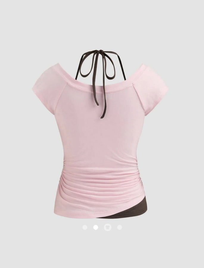 Y2K Ruched V Neck Top // Pink Brown