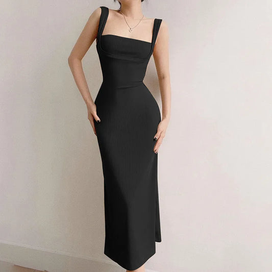 Square Neck Backless Dress // Black