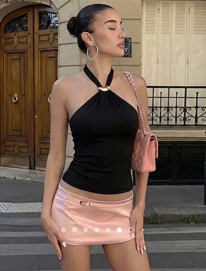 Metallic Decor Halter Top 001 // Black