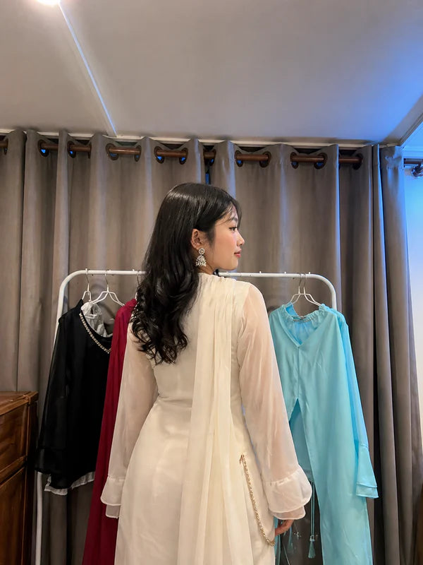 Off White // 3pc Kurta Set with Palazzo & Dupatta (Sheer Sleeves)