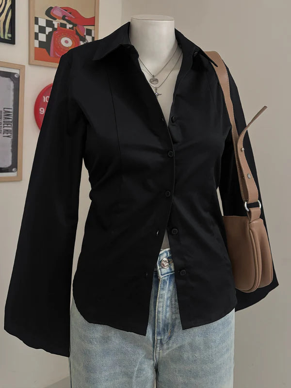 Flared Sleeve Y2K Fitted Shirt // Black
