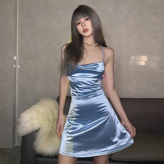 Satin Sleeveless Mini Dress // Blue