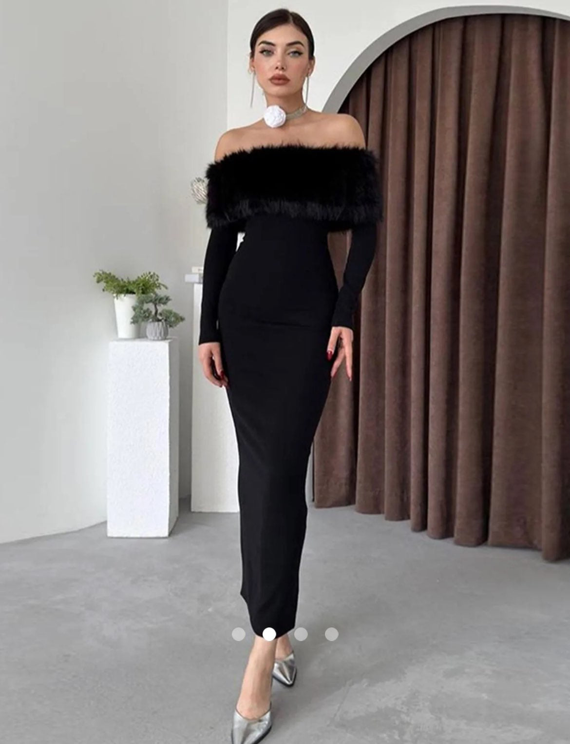 Fur Off Shoulder Dress // Black