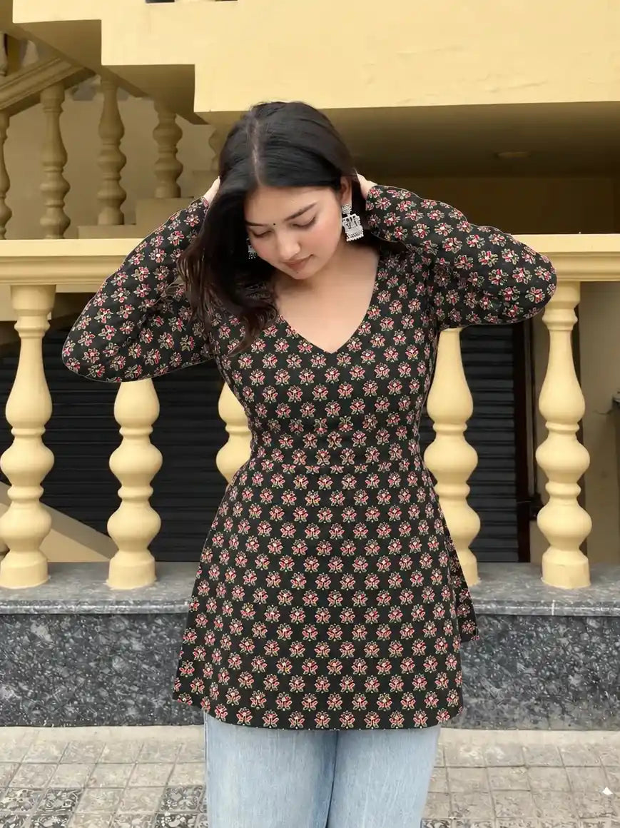 Black Red // Dotted Short Kurti (100% Cotton)