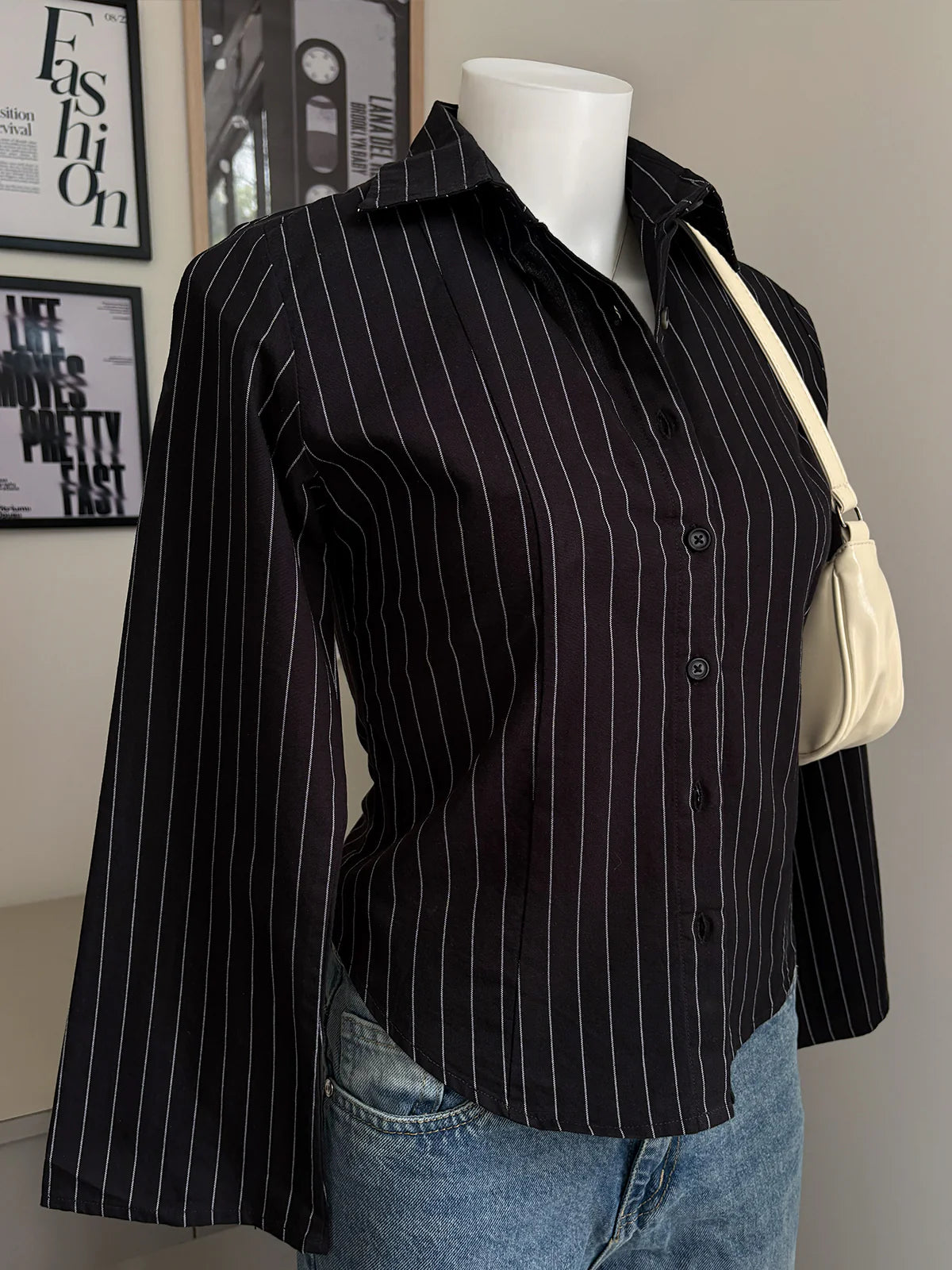 Black // Striped Flared Sleeve Shirt
