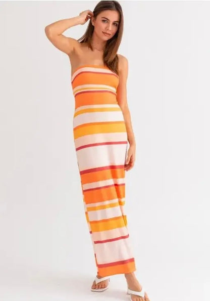 Tube Striped Maxi Dress // Orange