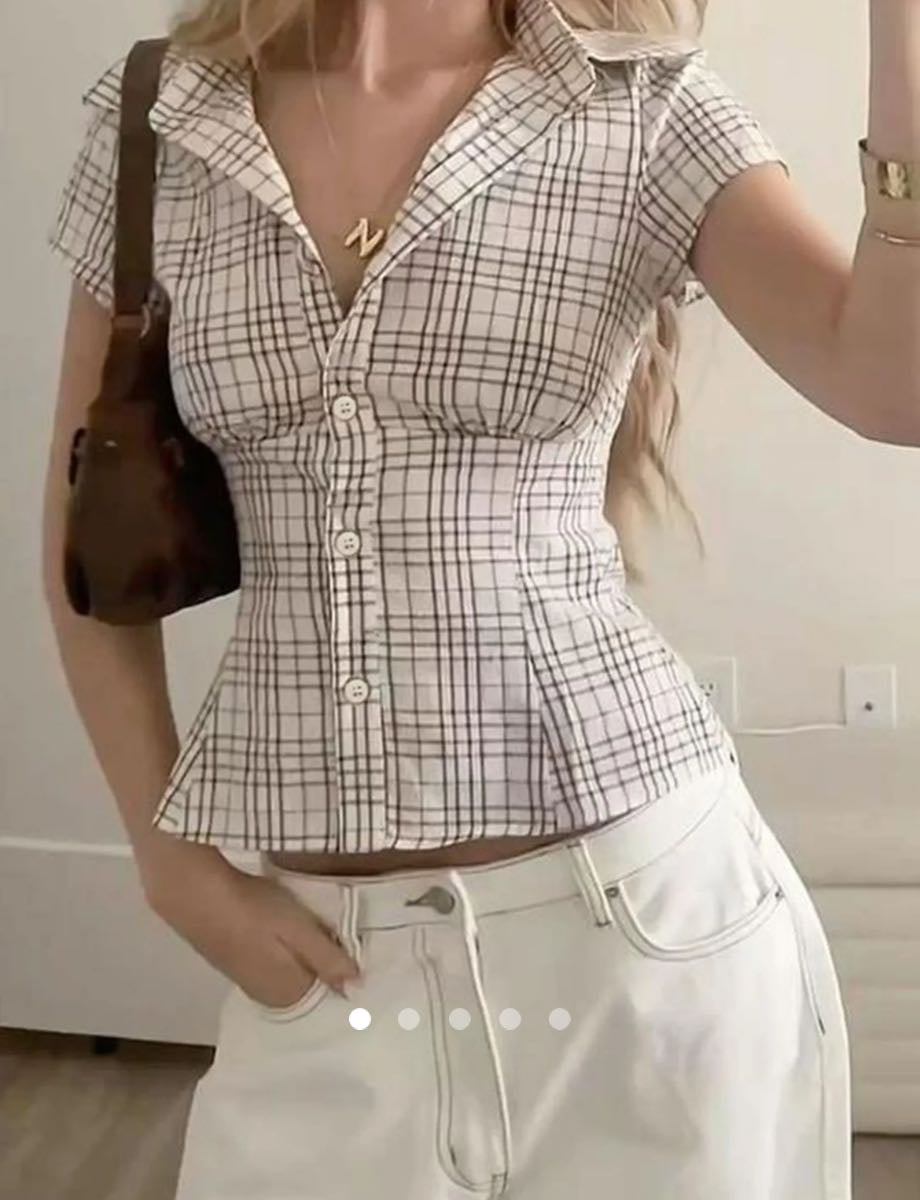Plaid Short Sleeve Fitted Shirt // Apricot