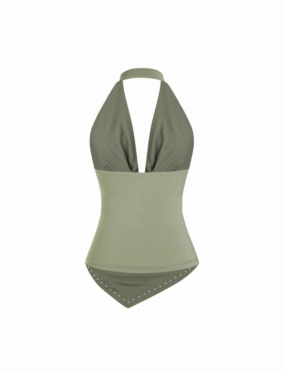 Draped Rivet Halter Top // Green