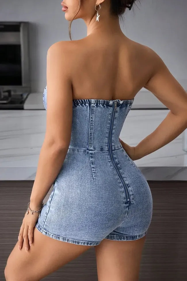Denim Tube Neck Playsuit Dress // Blue