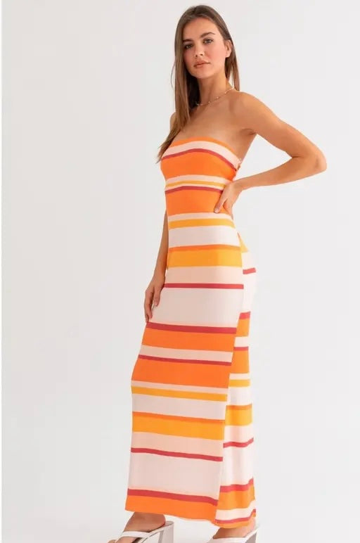 Tube Striped Maxi Dress // Orange