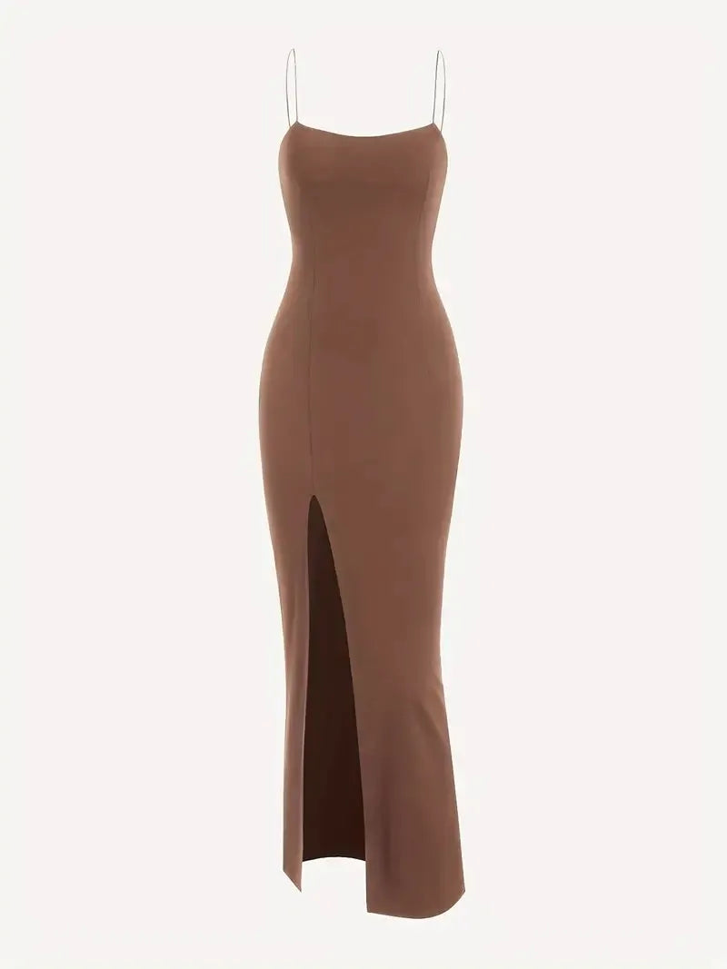 Square Neck Slit Maxi Dress // Brown