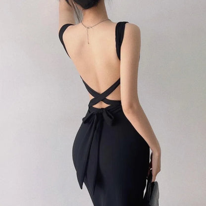 Square Neck Backless Dress // Black