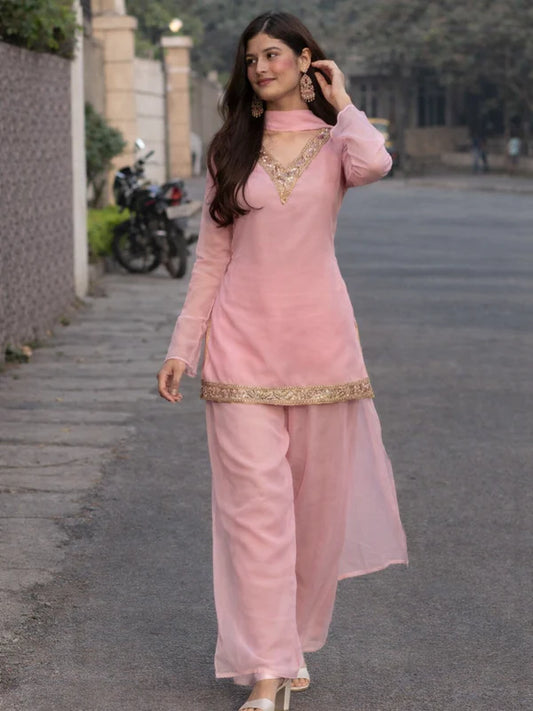 Baby Pink // 3pc Kurta Set with Palazzo & Dupatta