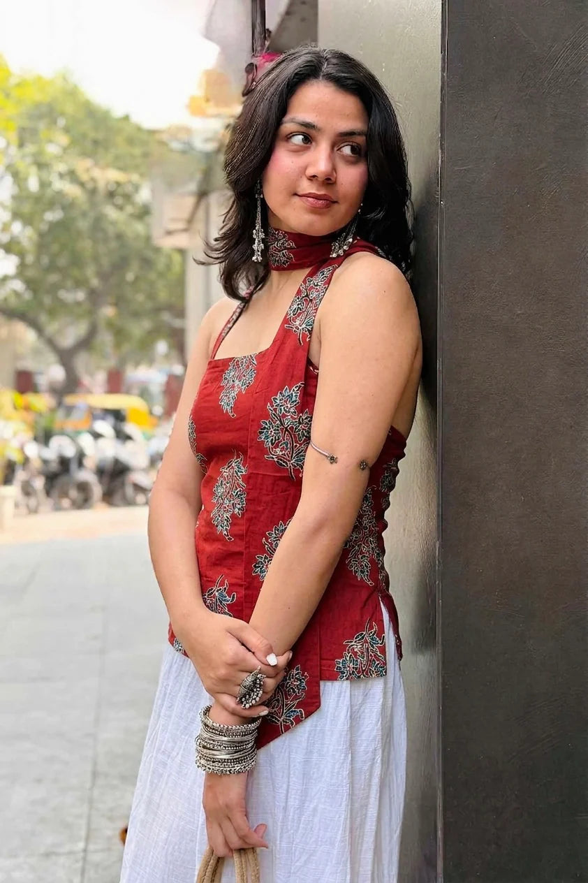 Munni Cotton Top with Scarf // Red