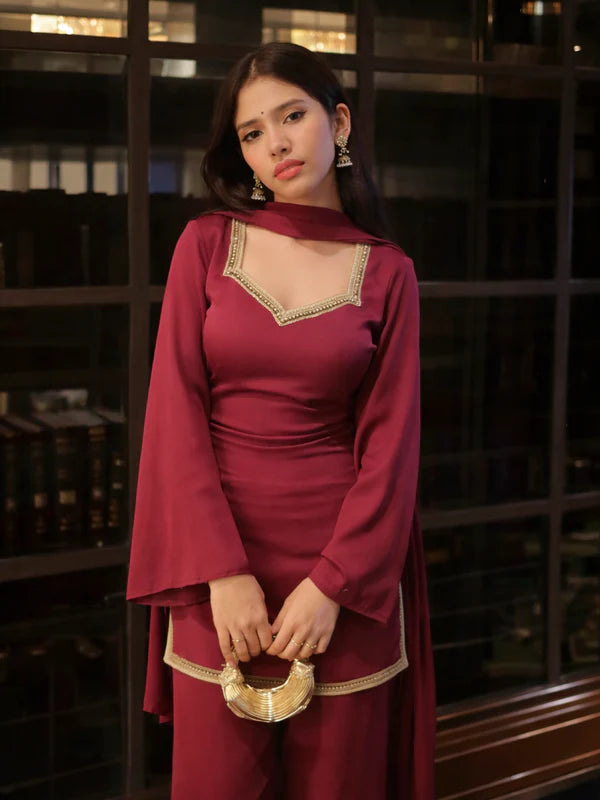 Maroon // 3pc Kurta Set with Palazzo & Dupatta