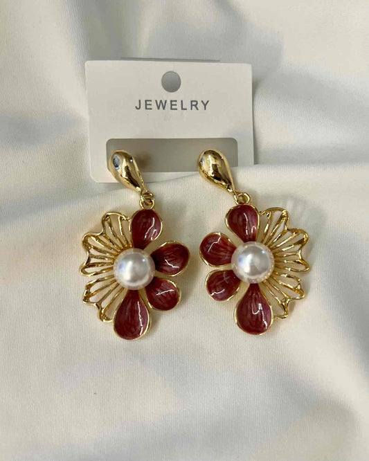 Flower Dangle Earrings // Red