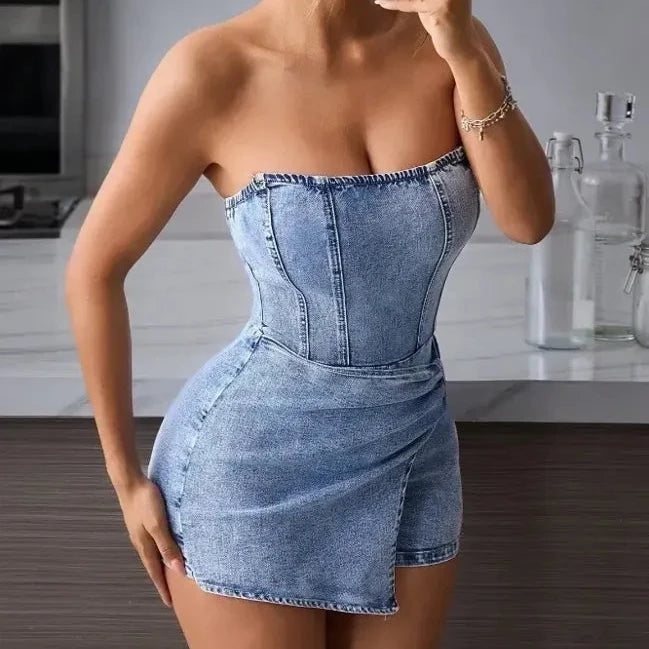 Denim Tube Neck Playsuit Dress // Blue