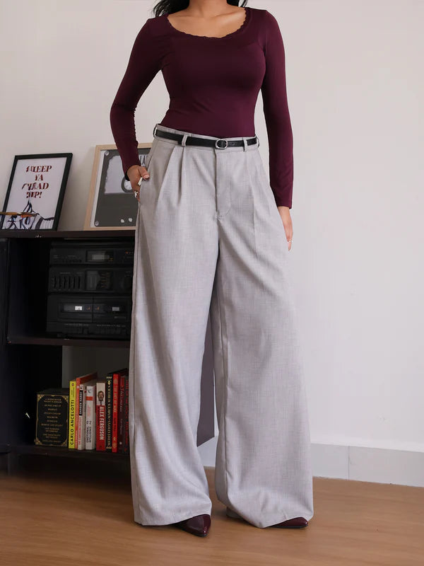 Belted Wide Leg Korean Pant // Oat Milk