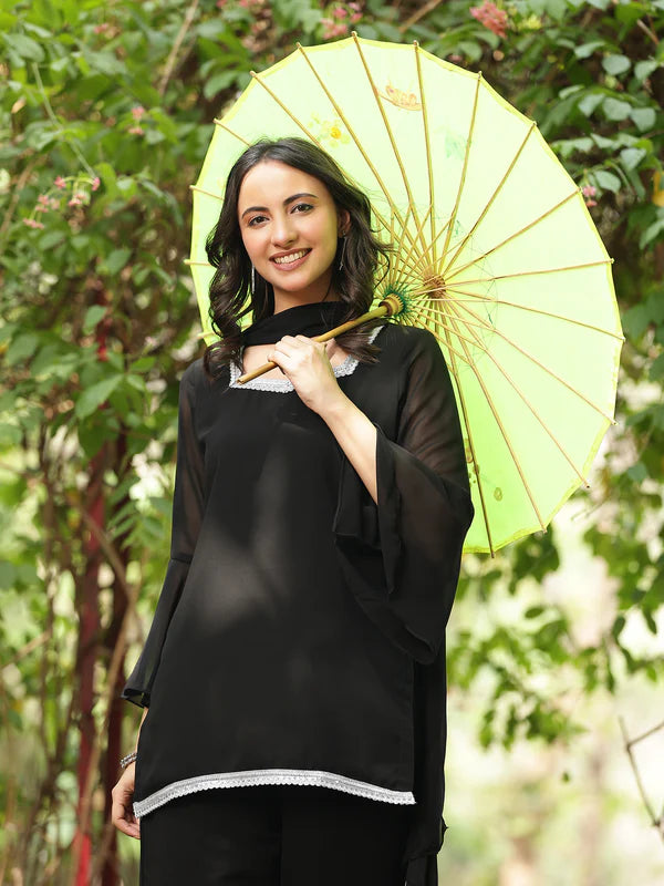 Black // 3pc Kurta Set with Palazzo & Dupatta