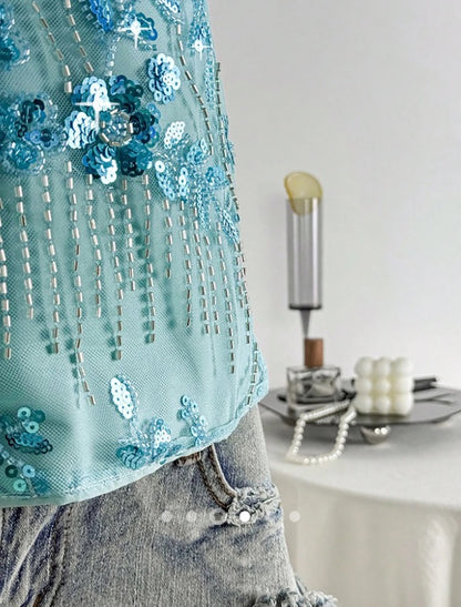 Sequin Backless Top // Turquoise