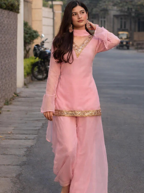 Baby Pink // 3pc Kurta Set with Palazzo & Dupatta