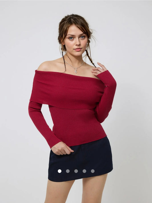 Off Shoulder Knit Top // Red