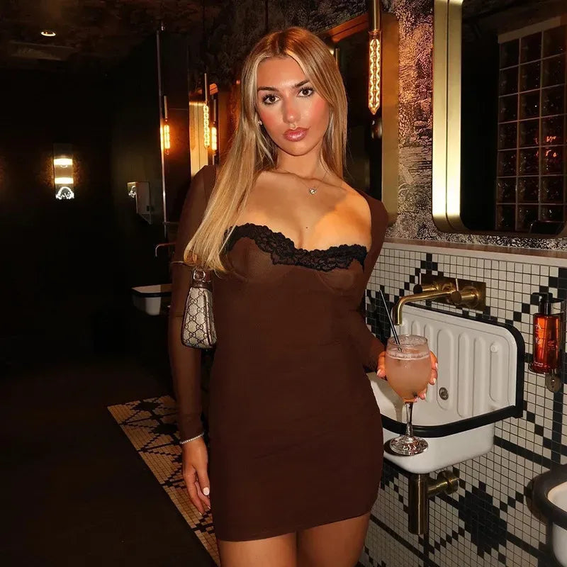 Lace Bodycon Dress // Brown