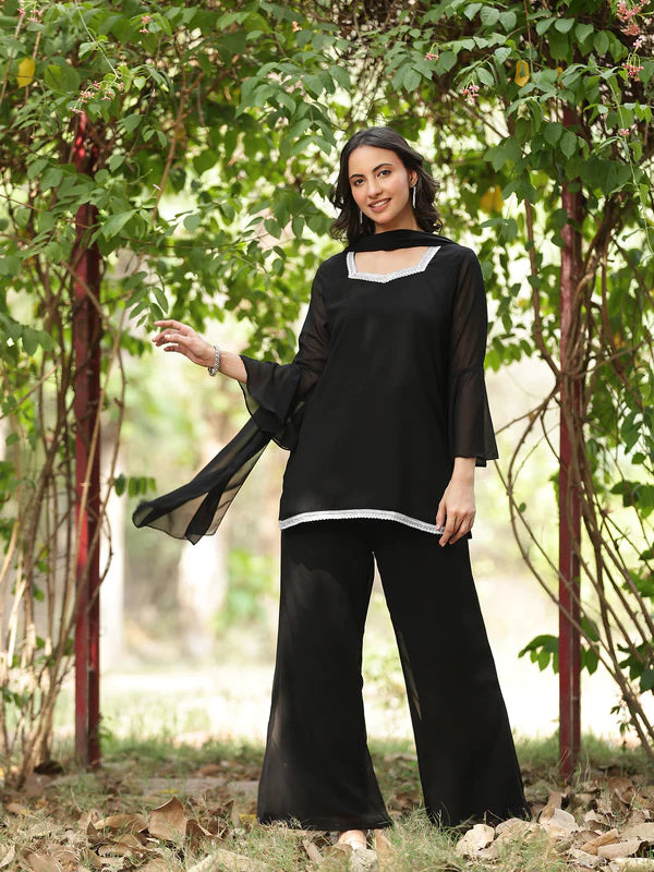 Black // 3pc Kurta Set with Palazzo & Dupatta