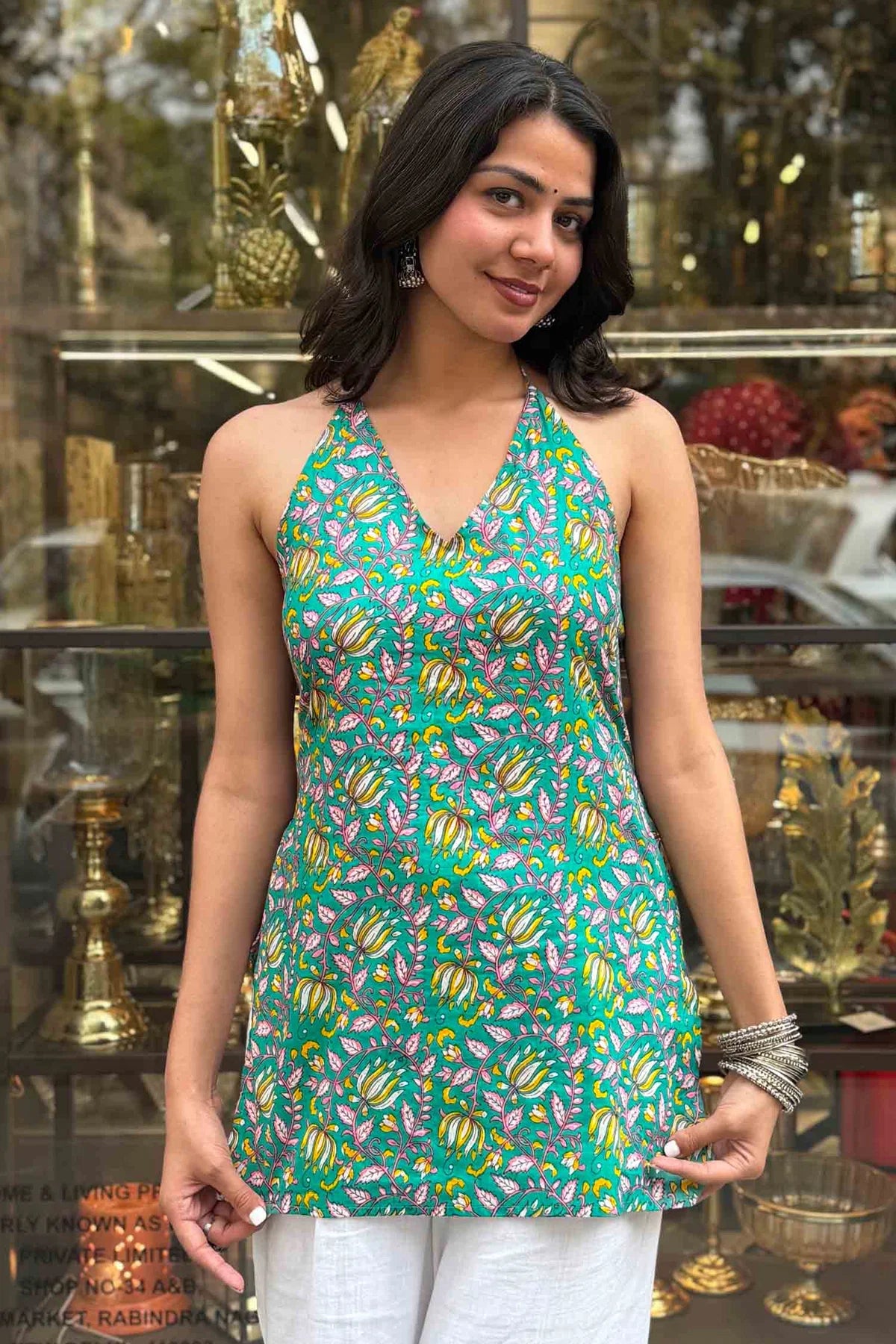 Jalebi Halter Neck Short Kurti // Green