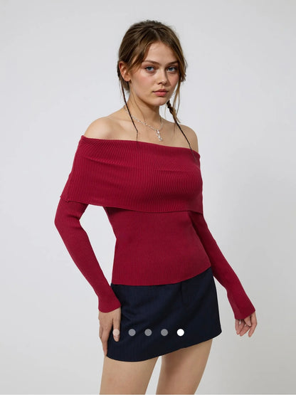 Off Shoulder Knit Top // Red