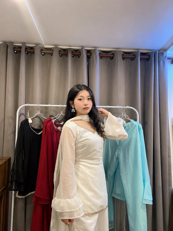 Off White // 3pc Kurta Set with Palazzo & Dupatta (Sheer Sleeves)