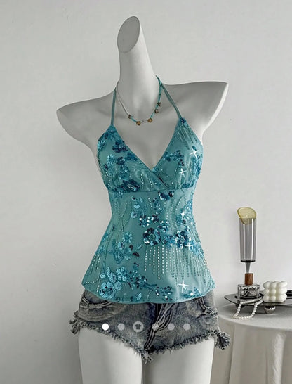 Sequin Backless Top // Turquoise