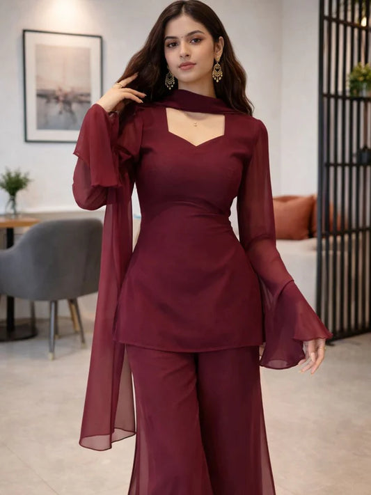 Wine // 3pc Kurta Set with Palazzo & Dupatta