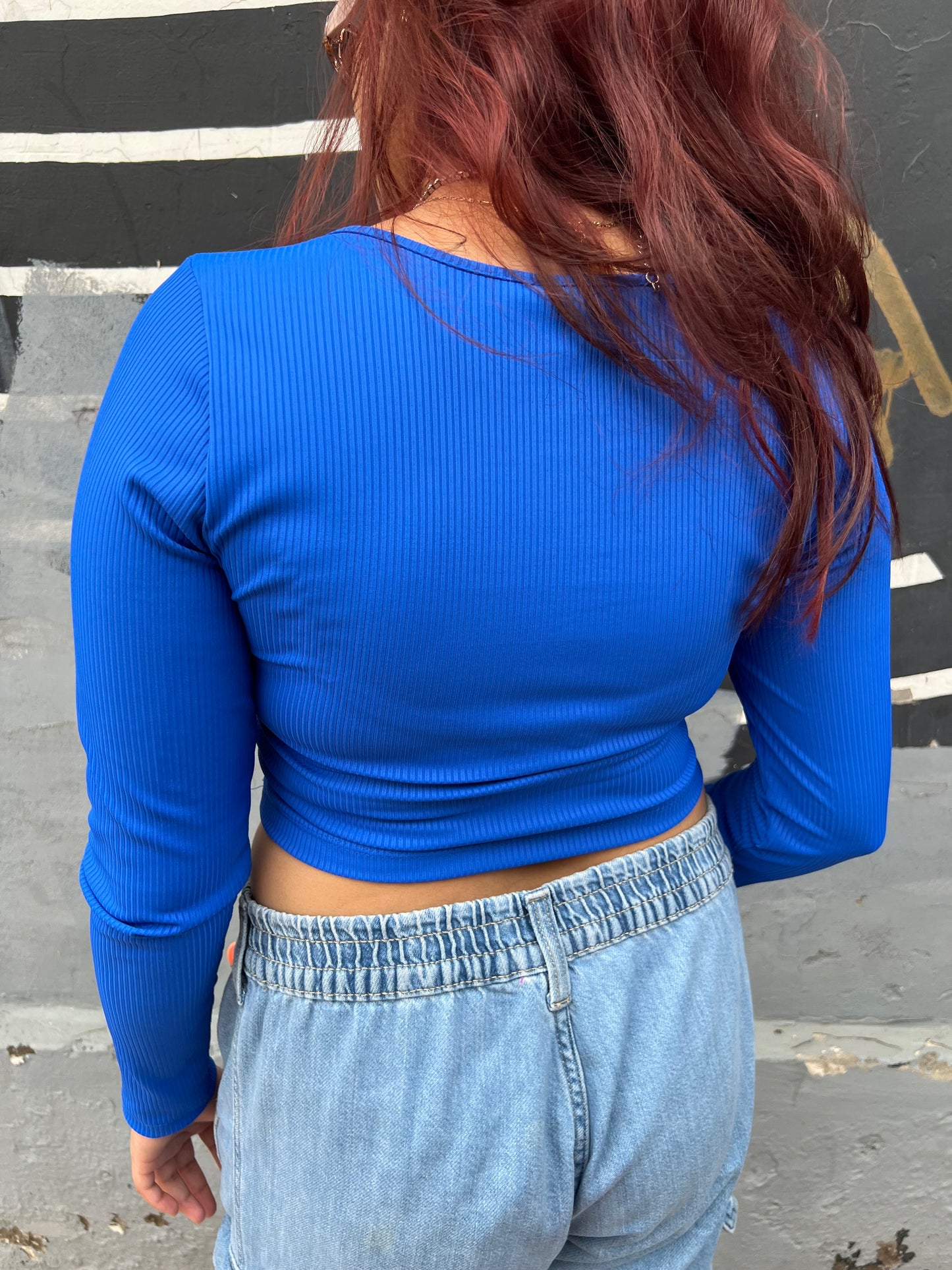 Square Neck Ribbed Full Sleeves Top // Blue