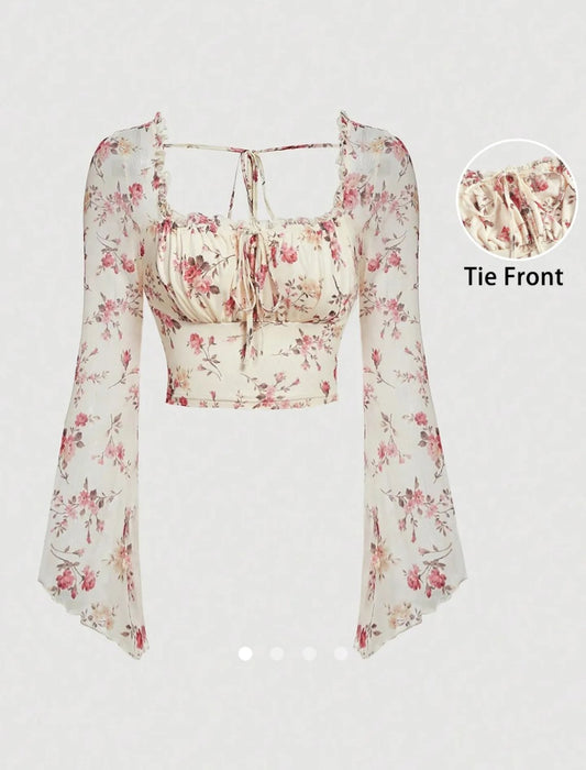 Floral Mesh Bell Sleeve Top // Apricot