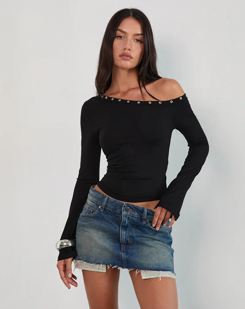 Eyelets One Shoulder Top // Black
