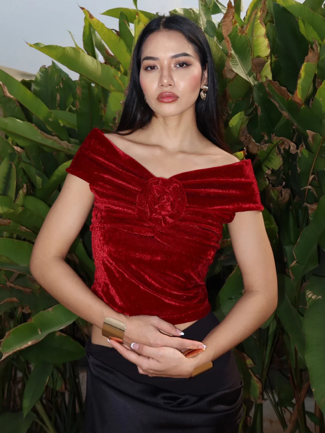 Velvet Off-Shoulder Rose Top // Rich Red