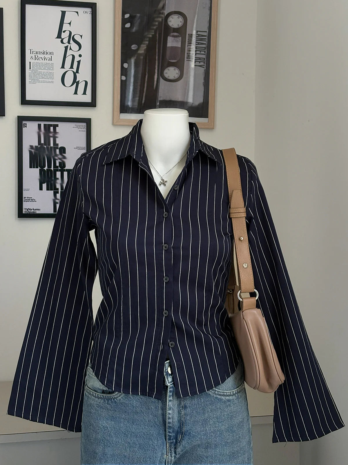 Navy Blue // Striped Flared Sleeve Fitted Shirt