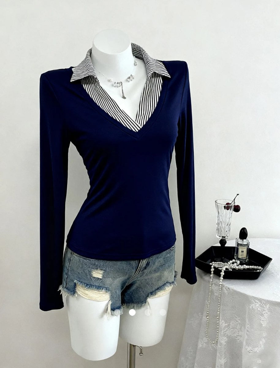 Contrast Johnny Collar Top // Navy