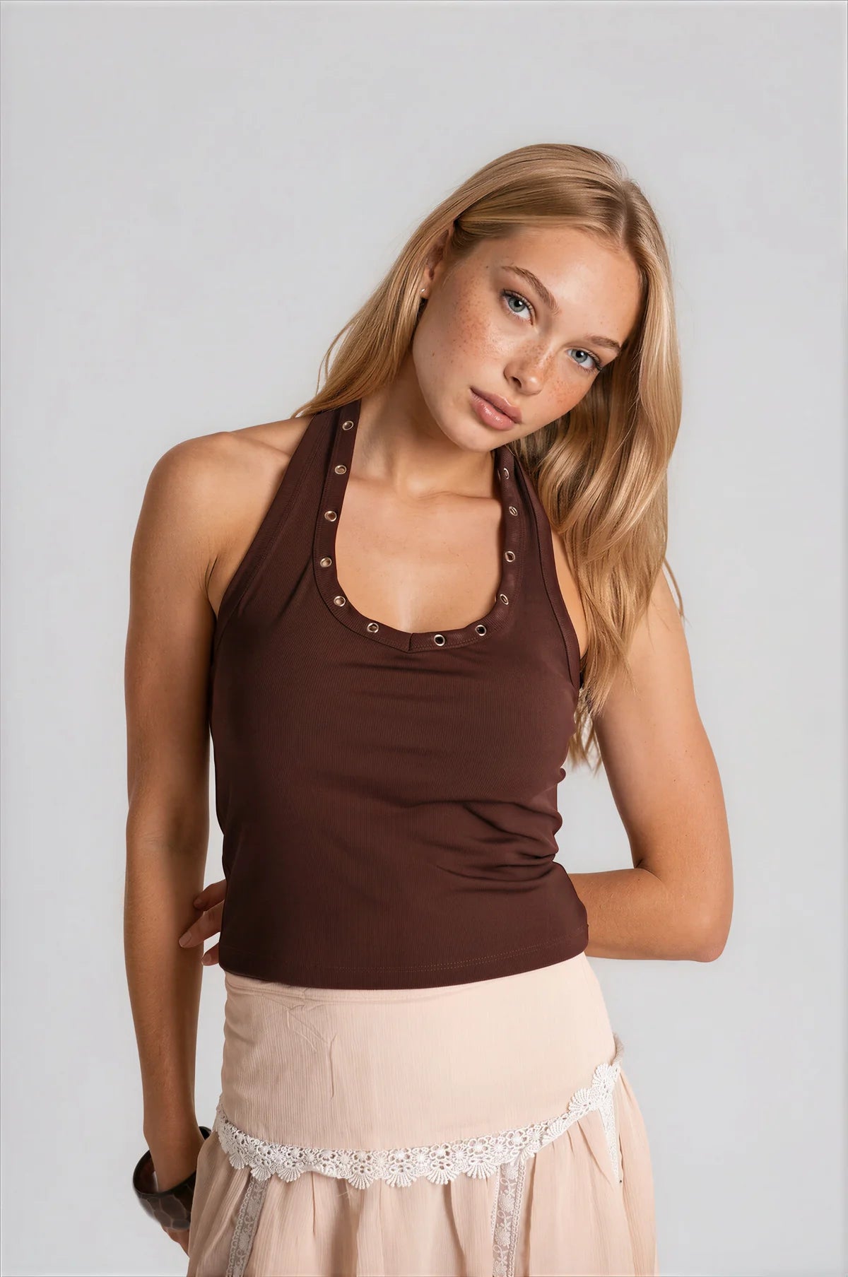 Eyelets Halter Neck Top // Brown