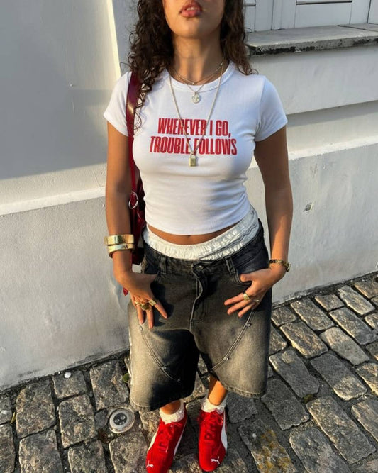 Where Ever I Go, Trouble Follows Baby Tee // White