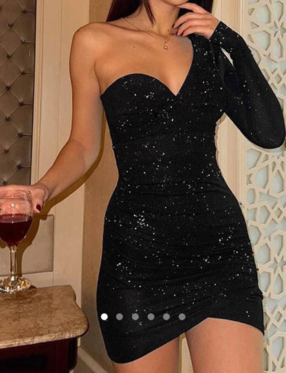 One Shoulder Shimmer Dress // Black