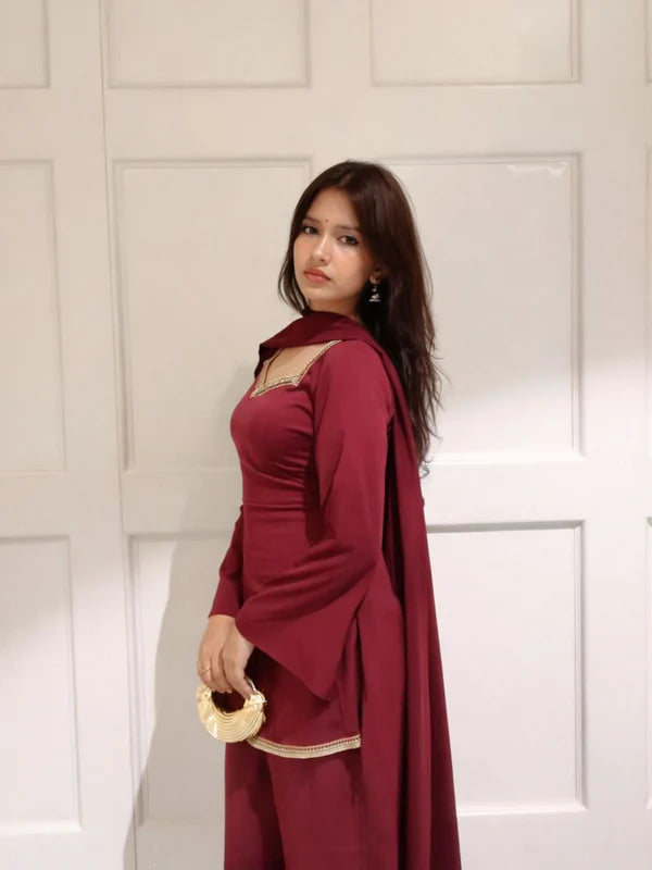 Maroon // 3pc Kurta Set with Palazzo & Dupatta