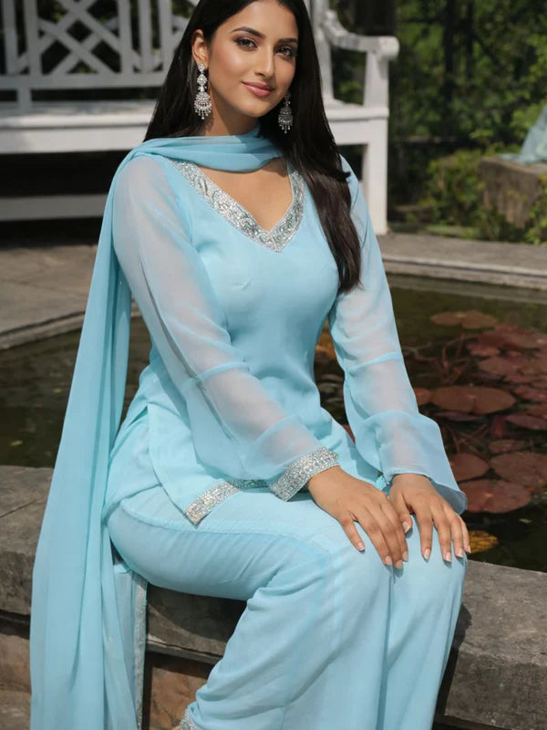 Blue // 3pc Kurta Set with Palazzo & Dupatta