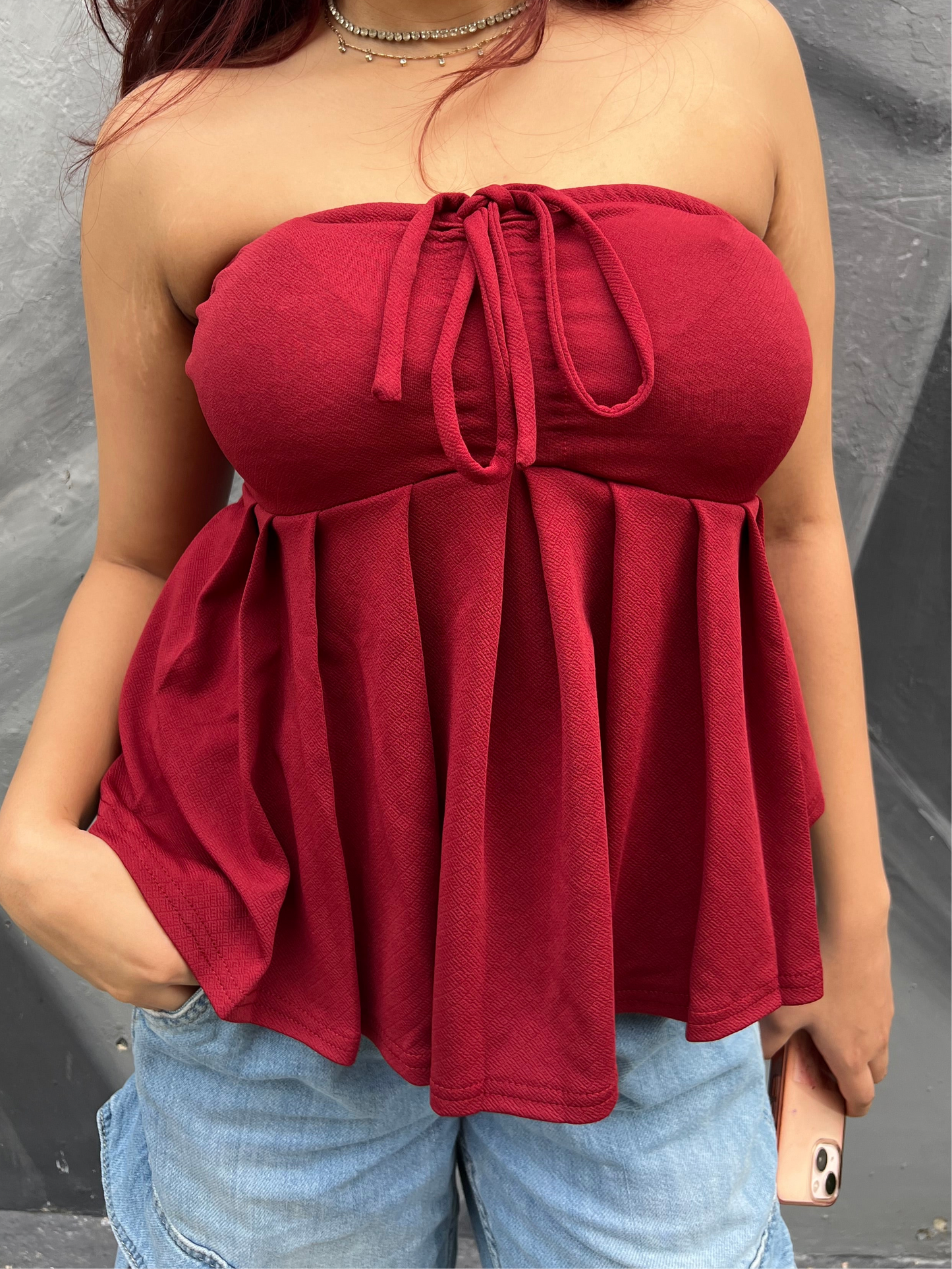 Drawstring Ruffled Tube Top // Burgundy