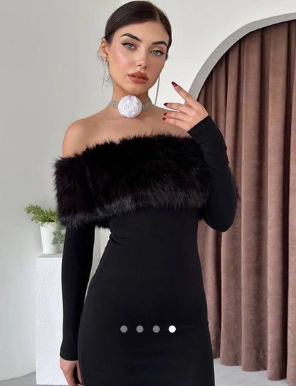 Fur Off Shoulder Dress // Black