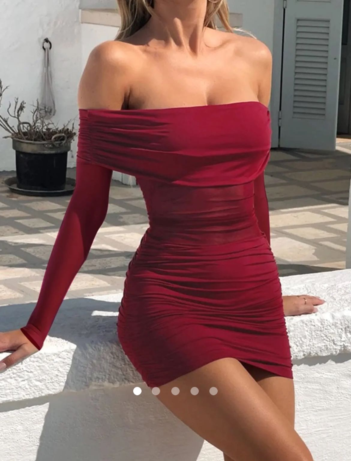 Off-Shoulder Sheer Dress // Burgundy
